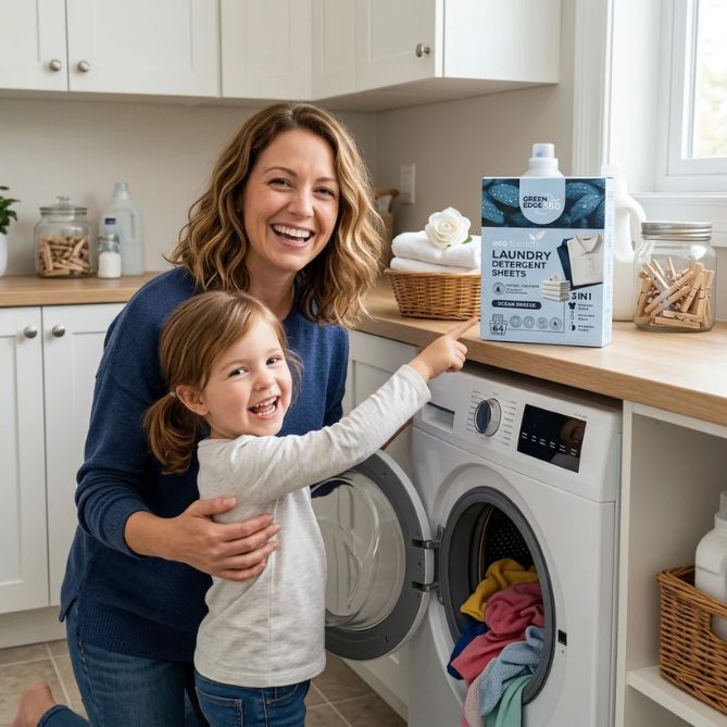 Mother and child using Green Edge 360 laundry detergent sheets