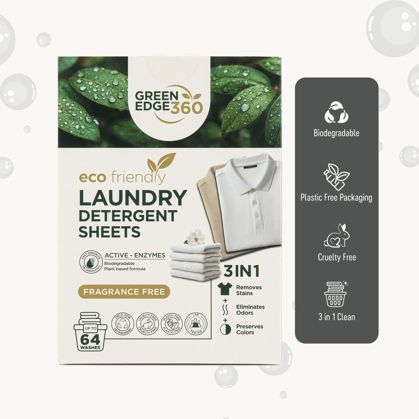 Green Edge 360 Fragrance Free laundry detergent sheets – biodegradable, plastic-free, and cruelty-free eco-friendly cleaning.